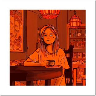 Melancholic girl drinking tea in traditional Chinese home Posters and Art